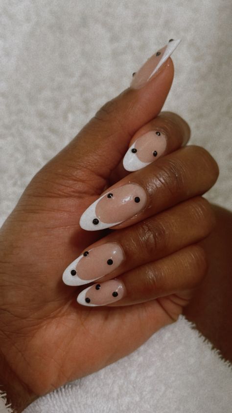 French Manicure Polka Dots, French Tip Nails With Polka Dot Design, French Tip And Dot Nails, Chrome Polka Dot Nails, French Manicure With Polka Dots, Polka Dot French Nails, French Tip Polka Dot Nails, French Manicure With Dots, Polka Dot Nails French Tip