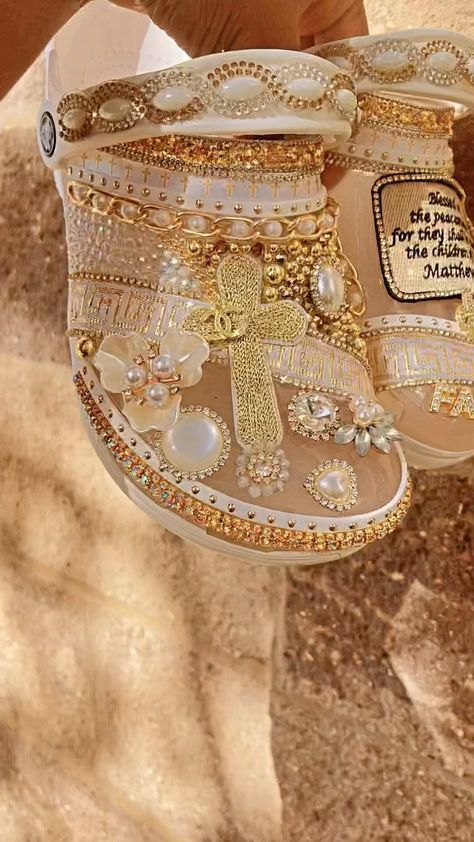 Bling Crocs, Bedazzled Crocs, White Crocs, Women's Crocs, Gold Decor, Christian Women, Sweet 16, Gold Bracelet, Gold