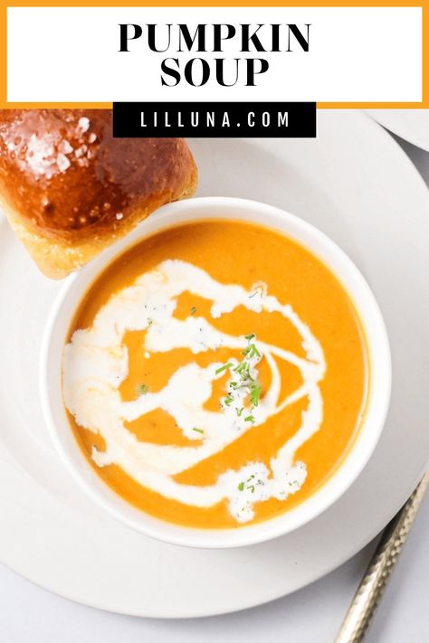 This velvety smooth pumpkin soup is easy to make with a can of pumpkin puree and just 10 minutes of prep, it's a fall favorite! #pumpkinsoup #soup #fall #pumpkinrecipe Puree Soup, Pumpkin Pasta Bake, Crockpot Apple Crisp, Soup Fall, Pumpkin Spice Waffles, Bread Bowl Recipe, Ultimate Grilled Cheese, Pumpkin Pasta, Pumpkin Butter