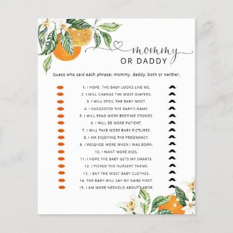 $ 1.15 | Little cutie mommy or daddy baby shower game - watercolor, baby shower games, mommy or daddy, guess who said it, calligraphy, winter, gender neutral, oranges, little cutie, citrus Citrus Baby, Peach Baby Shower, Baby Shower Party Games, Orange Baby Shower, Sunshine Baby Showers, Gender Neutral Baby Shower Invitations, Watercolor Baby Shower, Summer Baby Shower, Shower Inspiration