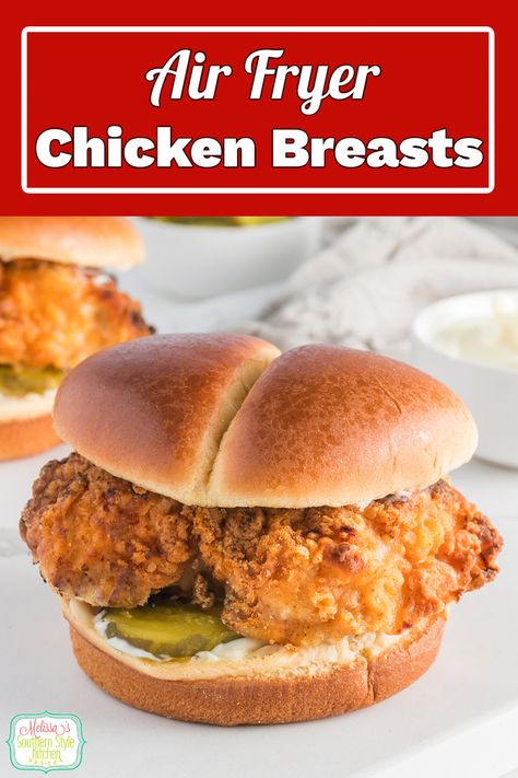 These Air Fryer Chicken Breasts feature boneless chicken coated with a perfectly seasoned breading that's a riff on Chick-fil-A. #crispychickensandwich #airfryerrecipes #chickenbreastrecipes #bonelesschickenrecipe #chickfila #copycatchickfilarecipe #airfryerchickenbreast #easychickenrecipes #friedchicken #southernfriedchicken via @melissasssk Fried Breaded Chicken Breast, Chick Fil A Recipe Copycat, Air Fryer Chicken Breasts, Fried Breaded Chicken, Weekday Lunches, Easy Skillet Chicken, Chicken Piccata Recipe, Chicken Recipes Boneless, Breaded Chicken Breast