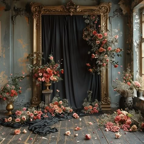 "Where time pauses, and beauty unfurls in every corner—welcome to the eternal bloom of an abandoned ballroom. 🥀🖤 #vintagecharm #abandonedbeauty #floralarrangement #roses #forgottenplaces #beautyindecay #floralart #elegantdecay #decayingbeauty #abandonedspaces #flowerstyling #lostplacesphotography #rosesareforever #antiqueaesthetic #floweroverload #nostalgicmoments #timelessbeauty #oldworldcharm #romanticdecay #floraldecor #moodyflorals #forgottenelegance #petalpoetry #rusticbeauty #decadentde... Royal Romantic Aesthetic, Victorian Set Design, Diy Flower Ceiling, Vintage Photobooth Ideas, Vintage Backdrop Ideas, Abandoned Ballroom, Vintage Wedding Backdrop, Baroque Wedding, Event Florals