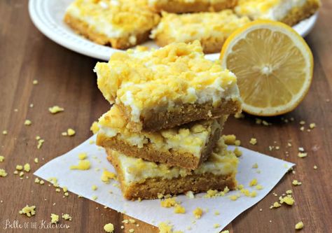 Easy Lemon Cheesecake Bars - Belle of the Kitchen Belle Of The Kitchen, Easy Lemon Bars, Easy Lemon Cheesecake, Lemon Creme, Chocolate Chip Cookie Cheesecake, Easy Buttercream Frosting, Lemon Bars Easy, Lemon Cheesecake Bars, Lemon Cake Mixes