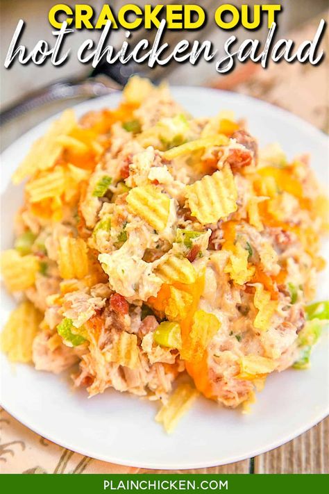 Cracked Out Hot Chicken Salad - baked chicken salad loaded with cheddar, bacon, and ranch! Chicken, mayonnaise, celery, lemon juice, cheddar cheese, Worcestershire, bacon, ranch dressing mix, potato chips. SOOO good! Can make ahead of time and refrigerate until ready to serve. Great for a quick brunch, lunch, or dinner. #casserole #chicken #brunch #lunch #dinner #chickensalad Baked Chicken Salad, Chicken Mayonnaise, Hot Chicken Salad, Bisquick Chicken, Hot Chicken Salads, Quick Brunch, Cracked Out, Casserole Chicken, Gf Food