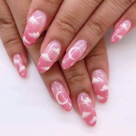 Cloud Nails Acrylic, Cloud Nail Designs, Cloud Nail Art, Pink Nails Ideas, Nails Acrylic Almond, Cloud Nails, Almond Nails Pink, Sky Nails, Almond Nails Designs