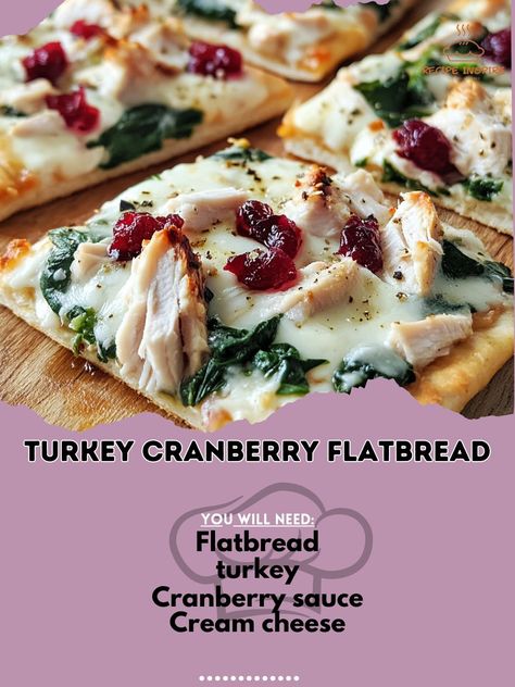 Enjoy a delightful twist on leftovers with this Turkey Cranberry Flatbread! 🥪🍂 A tasty and quick meal option!" Turkey Cranberry Flatbread Ingredients: Flatbread (2 pieces) Cooked turkey (1 cup, shredded) Cranberry sauce (½ cup) Cream cheese (4 oz) Spinach (1 cup, fresh) Mozzarella cheese (½ cup, shredded) Olive oil (1 tbsp) Salt and pepper (to taste) Instructions: Preheat oven to 375°F (190°C). Spread cream cheese evenly over flatbreads. Layer turkey, cranberry sauce, spinach, and mozzare... Cranberry Flatbread, Turkey Cranberry, Quick Meal, Cooking Turkey, Fresh Mozzarella, Cranberry Sauce, Flatbread, Mozzarella Cheese, Quick Meals