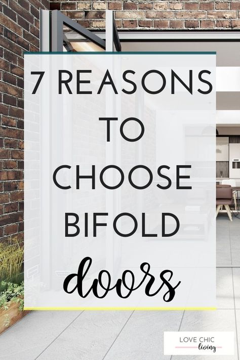 Whether you want bifold doors that lead onto your patio, extend your kitchen or for your living room, you need to know the benefits. When they lead onto decking they offer great outdoor living options, perfect for extra light, ventilation, the illusion of space and look so modern and contemporary. Click through to find out more #bifolddoors #foldingdoors #lovechicliving Bifold Patio Ideas, Indoor Bifolding Doors, Bifolding Doors Patio, Bifold Glass Doors Patio, Acordian Doors Exterior Living Room, Patio Door Options, Folding Patio Doors Indoor Outdoor, Bifold Doors Onto Deck, Modern Bifold Doors