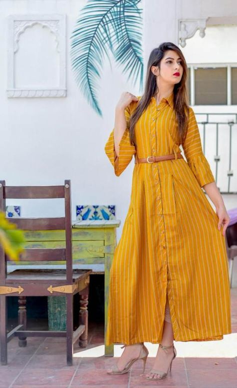 Specification :  NAME :	Mustard Bells And Belts TOTAL DESIGN :	5 PER PIECE RATE :	 525/- FULL CATALOG RATE :	 2625/-+(5%GST) + Shipping Charge WEIGHT :	4 SIZE :	M | L | XL | XXL Type :	Long Kurtis MOQ :	Minimum 5 Pcs. Fabric :	Heavy rayon discharge print With Leather belt | Sleeves-Bell Sleeves Pretty Dresses For Women, Maxi Dress Designs, Designer Kurti Patterns, Kurti Patterns, Indian Salwar Kameez, Long Kurti, Fancy Kurti, Long Kurti Designs, Dress Neck Designs