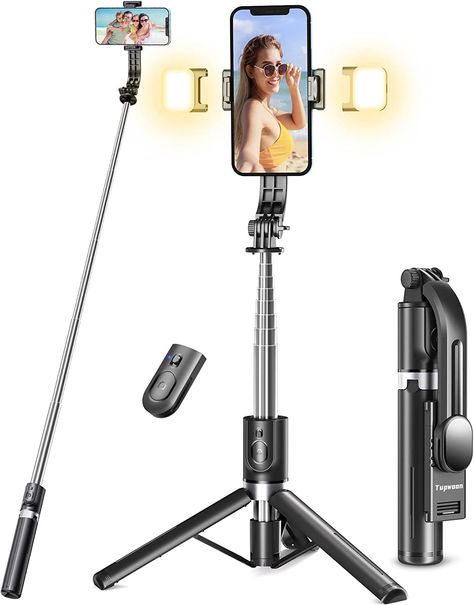 Selfie Stick with Improved Tripod - 2 Fill Lights, Tupwoon Extra Long 114 cm Mobile Phone Tripod with Removable Remote Control, Compatible with iPhone Samsung Smartphones, Action Camera GoPro Selfie Stick Tripod, Content Creating, Phone Tripod, Telescopic Pole, Selfie Light, Bluetooth Remote, Camera Bags, Diy And Home Improvement, High Maintenance