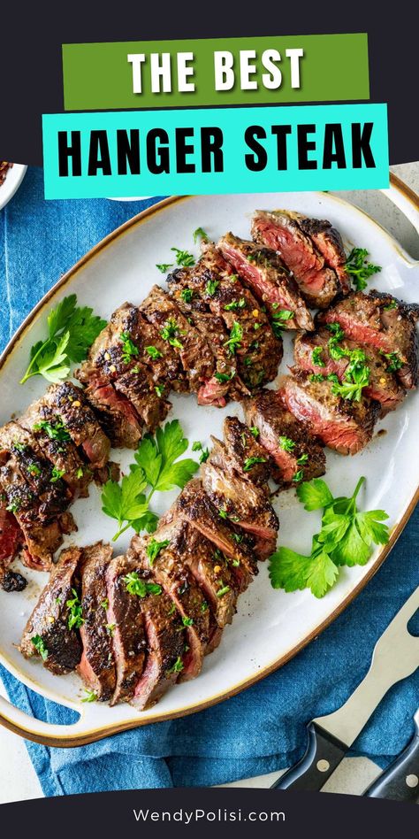 This Hanger Steak recipe is a carnivore's dream come true! With its robust flavors and succulent texture this steak offers a richness that's simply irresistible. With a caramelized crust that's a delightful contrast to the juicy interior, this is the perfect steak to serve friends and family. Whether you choose to grill it to smoky perfection or sear it on the griddle for that perfect char, this Hanger Steak recipe is a must-try for all meat lovers. Hanger Steak Recipes Cast Iron, Hanging Tender Steak Recipes, Hanger Steak Marinade, Hangar Steak Recipe, Hanger Steak Recipes, Steaks On Grill, Quick Pasta Dishes, Steak Marinade Recipes, The Perfect Steak