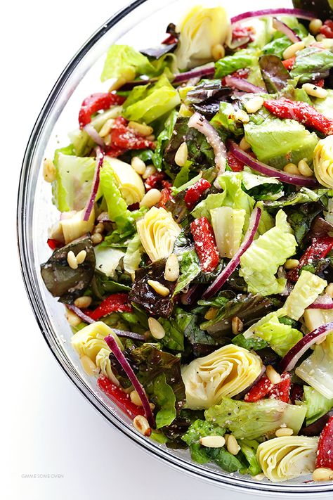 You will love this bright and colorful favorite family salad. This healthy goodness can be prepared in less than 10 minutes! Family Salad, Favorite Salad, Gimme Some Oven, Toasted Pine Nuts, Lettuce Salad, Pasta Salads, Marinade Recipes, Artichoke Hearts, Macaroni Salad