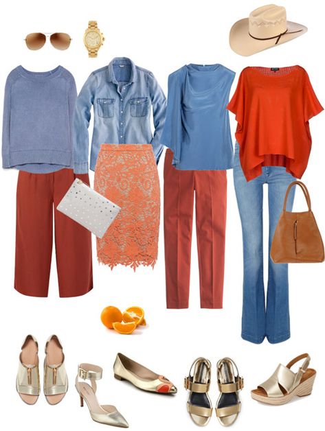 Ensemble: Rust, Light Blue & Gold - YLF Light Blue Shirt Outfit, Blue Top Outfit, Colour Clothes, New Style Tops, Colour Combinations Fashion, Light Blue Top, Color Combinations For Clothes, Gold Outfit, Red Dress Women