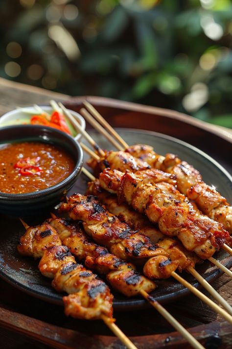 Grilled chicken skewers with a side of dipping sauce. Satay Chicken Recipe, Easy Chicken Satay, Chicken Satay With Peanut Sauce, Continental Cuisine, Pork Satay, Chicken Satay Recipe, Sweet Potato Breakfast Hash, Satay Recipe, Satay Chicken