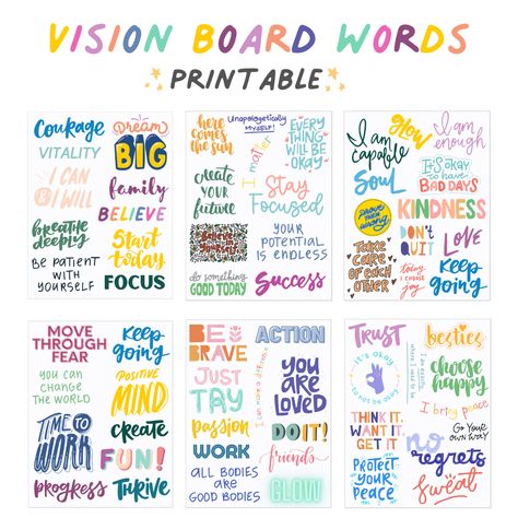 Add empowering words to your vision or inspiration board with this printable from Feminist Friends. This digital download includes 12 pages, 6 in colour and 6 in black and white, and features a variety of hand-written fonts and modern styles. more in telegram Written Vision Board Ideas, Kids Vision Board Ideas, Vision Board Words Free Printable, Vision Board Activity, Written Fonts, Kids Vision Board, Manifest Journal, Themed Nights, 2024 Affirmations