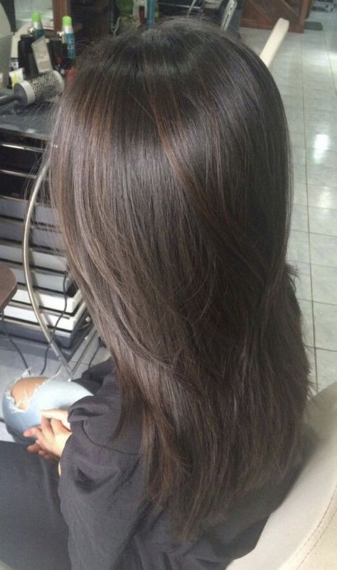 Good Hair Colors For Dark Brown Hair, Black Hair Brown Highlights Straight, Natural Highlights For Dark Brown Hair Straight, Cooler Tone Brown Hair, Black Hair With Brown Highlights Dark, Black Hair Faded Into Brown, Soft Highlights For Black Hair, Dark Hair No Highlights, Dark Brown Hair Inspired