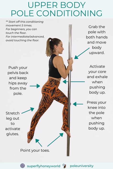 In this tutorial, we are talking all about upper body conditioning for pole dancers. ⁣Build your upper body strength with this great pole conditioning exercise.⁣ ⁣Upper body strength is very important to help pole dancers climb, spin, and perform tricks. ⁣Improve your upper body strength so that you can reach your pole dreams and do more pole tricks on the pole. #poledancing #poletricks #polefitness Spinning Pole Tricks, Conditioning For Pole Dancing, Pole Spins Beginner, Pole For Beginners, Pole Exercises For Beginners, Pole Dance Conditioning, Pole Dance Exercises, Pole Tricks Beginners, Pole Conditioning Exercises