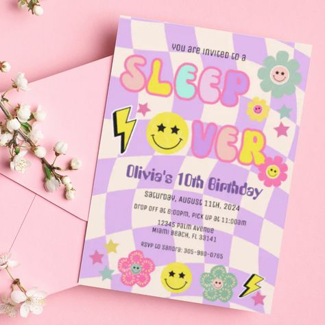 Bring on the good vibes with this new preppy purple happy face sleep over birthday invitation. Happy Face Birthday, Preppy Purple, Sleepover Birthday Party, Birthday Sleepover Ideas, New Preppy, Sleepover Invitations, Sleepover Birthday, Purple Y2k, Preppy Party