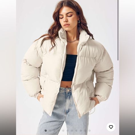 Cider Beige Solid Zip Up Stand Collar Puffer Jacket Small Bershka Jacket, White Puffer Jacket, Puffer Jacket Outfit, White Puffer, Cropped Puffer Jacket, Europe Fashion, Clothing Details, Sweater Sale, Jacket Outfits