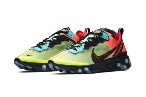 The Nike React Element 87 Goes Bold With "Volt" and "Racer Pink" Colorful Nikes, Nike Noir, Nike React Element 87, Air Max 90 Black, Nike Kicks, Baskets Nike, Pink Nike, Sneakers Mode, Nike React