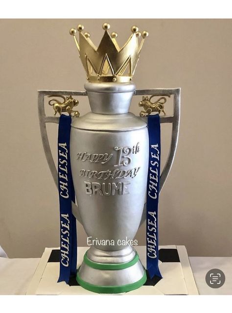 Premiership Trophy Cake for a Chelsea fan. Premier League Trophy Cake Trophy Cake, Premier League Trophy, Soccer Ball Cake, Happy 12th Birthday, Football Trophies, Chelsea Fans, Football Cake, 12th Birthday, Soccer Ball