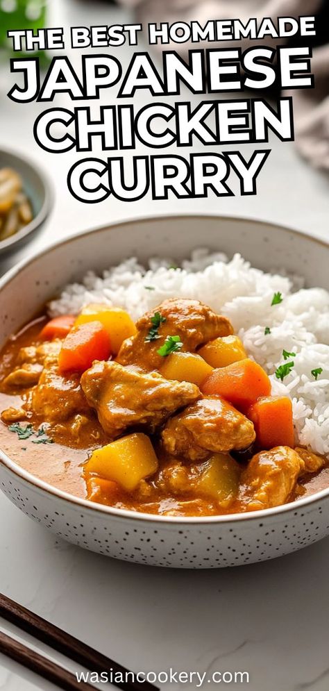 A bowl of rich Japanese curry featuring tender chicken and colorful vegetables served with rice. Gluten Free Japanese Curry, Easy Japanese Curry, Tasty Recipes For Dinner, Homemade Japanese Curry, Japanese Curry Sauce, Simple Japanese Recipes, Japanese Katsu Curry, Japanese Curry Recipes, Japanese Curry Recipe