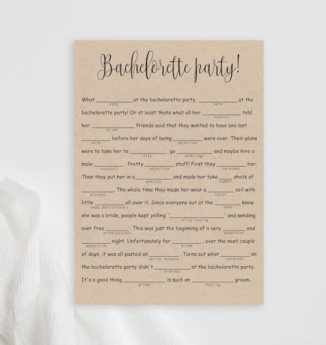 Bachelorette Party Games: 17 Fun Games for Bashes in 2024 - Bridesmaid For Hire Rustic Wedding Games, Trendy Bachelorette Party, Bachelorette Party Games Drinking, Bachelorette Party Activities, Wedding Mad Libs, Christmas Bridal Showers, Literary Wedding, Awesome Bachelorette Party, Diy Bachelorette Party