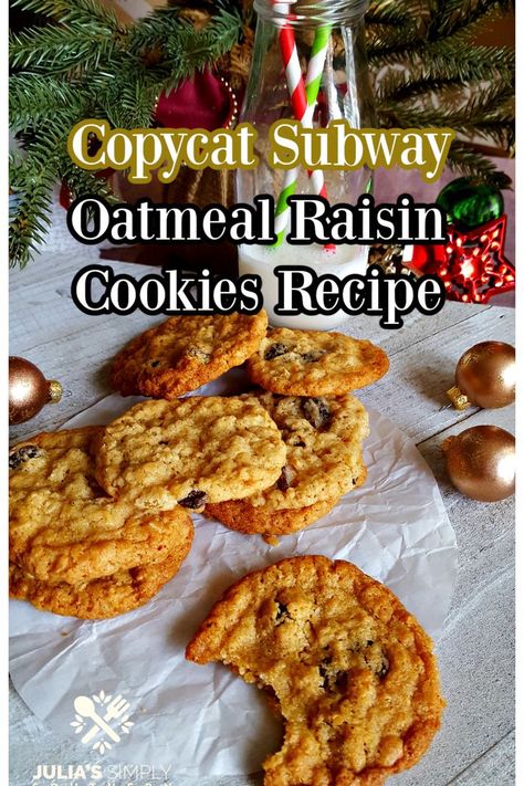 Copycat Subway Oatmeal Raisin Cookies, Subway Oatmeal Raisin Cookies, Subway Cookie Recipes, Subway Copycat, Oatmeal Raisin Cookies Recipe, Raisin Cookies Recipe, Cookie Recipes Oatmeal Raisin, Oatmeal Raisin Cookies Chewy, Homemade Oatmeal