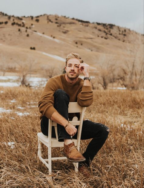 Men Chair Photoshoot, Outdoor Man Photoshoot, Outdoor Photoshoot For Men, Men Portrait Poses Outdoor, Male Model Outdoor Photoshoot, Field Chair Photoshoot, Farm Photoshoot Ideas Men, Chair Portrait Photography, Men Portrait Photography Outdoor