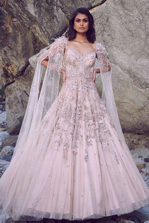 Peach tulle embroidered bridal gown for women Gown Design Ideas, Pastel Gown, Peach Gown, Bridal Gown Inspiration, Pista Green, Tulle Embroidery, Choli Blouse, Zardozi Embroidery, Gown For Women