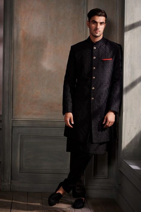 Sherwani Black, Sherwani Design, Black Sherwani, Blue Sherwani, Waistcoat Designs, Sherwani For Men Wedding, Wedding Kurta For Men, Embroidered Sherwani, Groom Dress Men