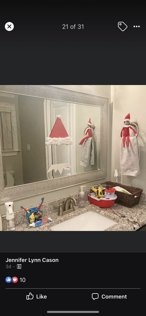 Elf Selfie Bathroom Mirror, Elf Yourself Bathroom Mirror, Elf Yourself Mirror, Elf Yourself, Shelves Ideas, Work Ideas, Shelf Ideas, On The Shelf, Santa Hat