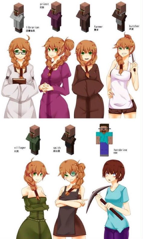 Minecraft girls: Amelia the librarian, Diana the priestess, sheila the farmer, Jess the butcher, May the random villager, Nina the blacksmith, and Heather the.. Herobrine? Minecraft Comics, Minecraft Drawings, Minecraft Anime, Minecraft Mobs, Minecraft Funny, Minecraft Games, Minecraft Memes, How To Play Minecraft, Anime Version