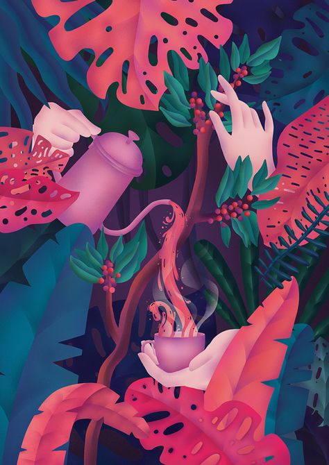 Vilnius coffee festival 2018. Welcome to the coffee jungle. Here the purest coffee is being made. Coffee Field Illustration, Coffee Mural Ideas, Coffee Festival Poster, Coffee Key Visual, Coffee Illustration Artworks, Coffee Mural Art, Cafe Art Illustration, Illustration Art Coffee, Coffee Illustration Design