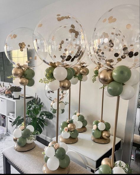 Gold And White Table Balloons, Treat Table Balloon Garland, Babyshower Table Decoration For Boys, Sage And Gold Birthday Party, Nature Themed Baby Shower Ideas Boy, Balloon Walkway, 15 Decorations, Sage Green Baby Shower, Bobo Balloon