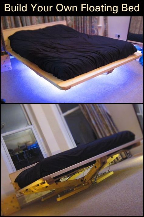 Now here's a truly unique bed you might be interested to DIY... a floating bed! Diy Floating Bed, Floating Bed Diy, Unique Bed Frames, Bedrooms Inspiration, Unique Bed, Floating Bed Frame, Pallet Beds, Garden Scissors, Pallet Bed