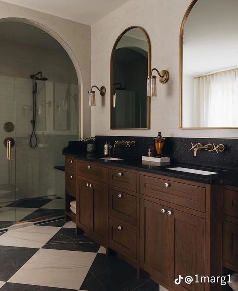 Hacienda Style Restroom, Master Bath Black Countertop, Architecture Digest Bathroom, English Style Bathroom Design, Modern Tudor Bathroom, Master Bath Ideas Black And White, Moody Small Powder Room, Bathroom Low Ceiling, New York Style Bathroom