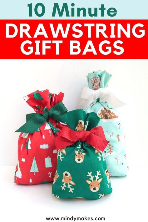 Diy Cloth Christmas Gift Bags, Drawstring Gift Bag Pattern, Diy Goodie Bags Christmas, Diy Fabric Gift Bags How To Make, How To Make Small Fabric Gift Bags, Drawstring Christmas Gift Bags, Fabric Gift Bags Diy Simple, Christmas Gift Bag Sewing Pattern, Easy Fabric Gift Bags