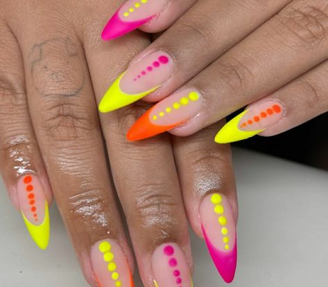 Neon Pink Orange And Yellow Nails, Pink And Yellow Almond Nails, Almond Nails Neon Green, Neon Almond Nails Summer, Pink And Yellow Nail Designs, Orange And Yellow Nail Designs, Precious Nails, Lime Nails, Nail Vibes