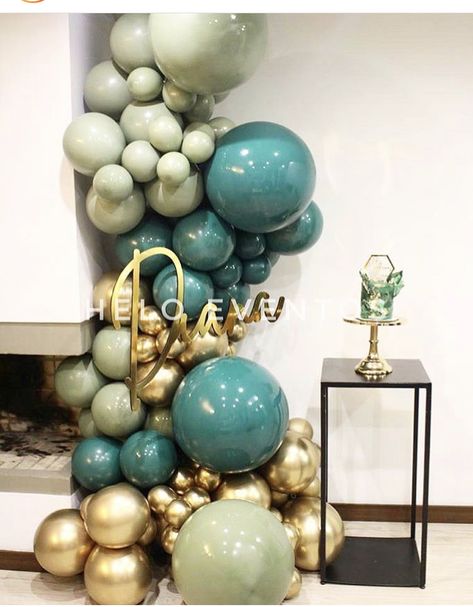 Teal Balloon Garland, Teal Balloons, 1st Bday Cake, Green Balloons, Graduation Party Themes, Green Balloon, 70th Birthday Parties, Boy Decor, Birthday Surprise Party