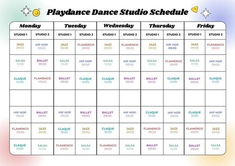 Dance Class Schedule, Dance Schedule, Dance Teacher Tools, Class Schedule Template, Home Dance Studio, Art Certificate, Schedule Calendar, Home Dance, Travel Brochure Template