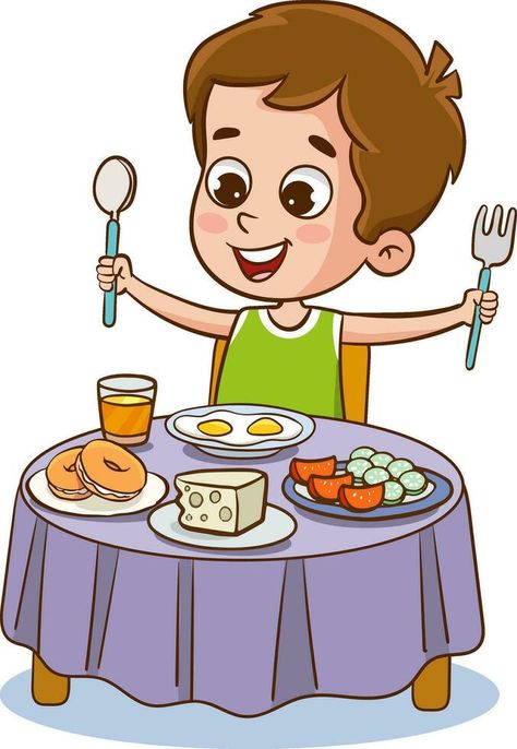 vector illustration of cute children having breakfast Eat Breakfast Cartoon, Yash Drawing, Breakfast Drawing, Breakfast Cartoon, Breakfast Images, Cartoons Eating, Breakfast Illustration, Breakfast Clipart, School Illustration