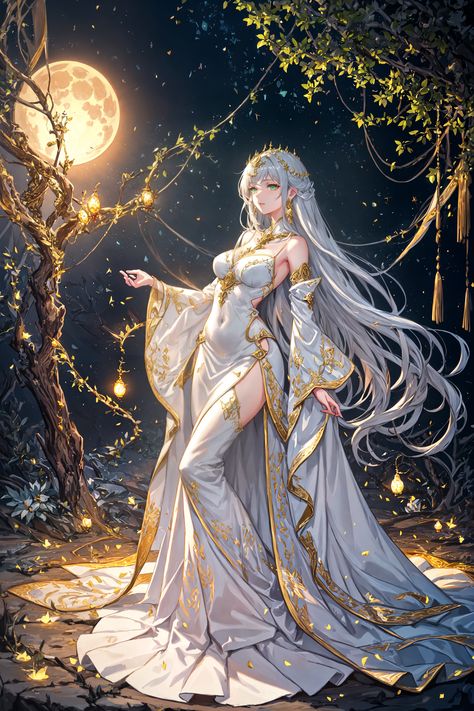 "Step into a realm of enchantment with our latest digital painting. Discover a serene beauty adorned in red & gold, her silver hair illuminated by moonlight, amidst an ancient, ivy-clad garden. A night of gentle magic awaits. Perfect for those who cherish art rich in fantasy & mystery. #EtherealArt" Enchanted Night Outfit, Goddess Of Night, Enchanted Night, Enchanted Characters, Fantasy Mystery, Creator God, Teacher Board, Mythical Creatures Fantasy, Dante Devil May Cry