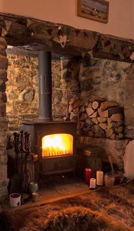 Wood Stove Hearth, Casa Hobbit, Cottage Fireplace, Wood Stove Fireplace, Inglenook Fireplace, Fire Places, Rustic Fireplaces, Cottage Interiors, Stove Fireplace