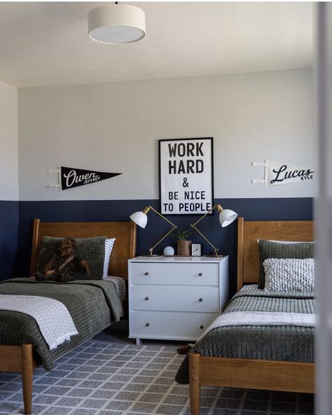 Boys White Bed, Queen Size Bed For Boys Room, Dude Perfect Bedroom, Double Twin Beds Boys Room, Boys Room With Twin Beds, Twin Boy Bedroom Ideas, Boys Room Shared Bedrooms, Shared Brothers Room, Brother Bedroom Ideas