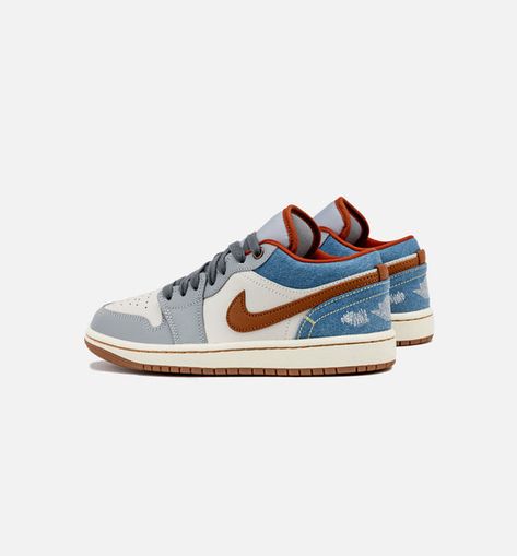 Jordan 1 Low Cut, Jordan 1 Low Denim, Air Jordan 1 Denim, Jordan 1 Low Blue, Blue Air Max, Cut Orange, Shoe Designs, Teen Clothes, Amber Brown