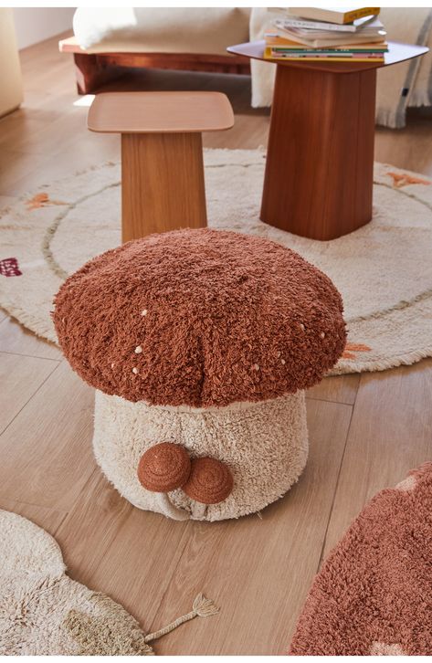 Your little one is in for a whimsical ride with this playful mushroom pouf handcrafted from a cotton blend. 15" x 17" 97% cotton, 3% other fibers with 100% polystyrene pearls Machine wash, tumble dry Imported Stick Decor, Mushroom Crafts, Lorena Canals, Color Caramelo, Mushroom Decor, Bottle Accessories, Playful Design, Toffee, Cottage Style