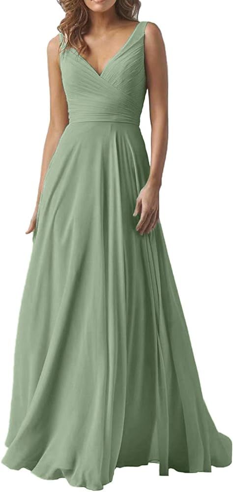 Amazon.com: YUESUO Dusty Sage Wedding Bridesmaid Dresses Long V-Neck Chiffon Formal Evening Party Dress for Women Size 10 : Clothing, Shoes & Jewelry Chic Formal Dress, Simple Long Sleeve Dress, Green Bridesmaid Dress, Wedding Evening Gown, Bridesmaid Dresses Long, Sage Green Bridesmaid Dress, Dusty Sage, Long Sleeve Dress Formal, Evening Party Gowns