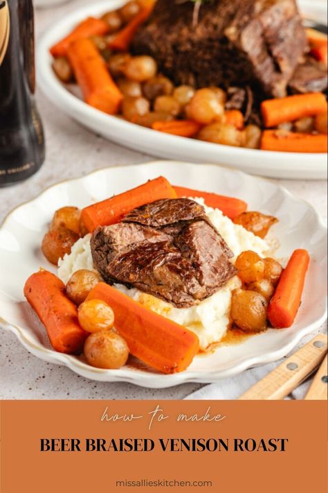 This tender deer recipe creates a flavorful beer braised venison roast in the slow cooker. So easy to make with pantry ingredients! Braised Venison Roast, Deer Roast Recipes, Deer Roast Crockpot, Slow Cooker Venison Roast, Braised Venison, Deer Roast, Roast Crockpot, Slow Cooker Venison, Elk Recipes