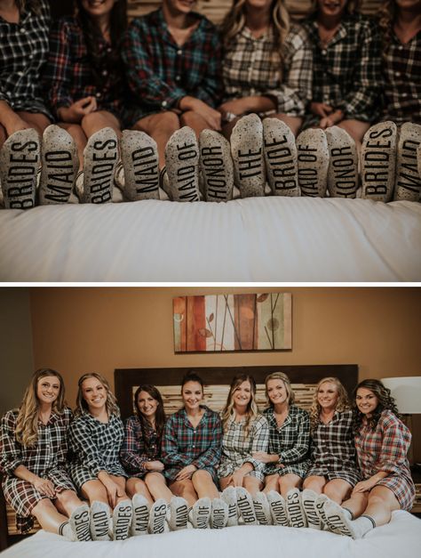 Flannel For Bridesmaids Fall Wedding, Winter Wedding Mismatched Bridesmaids, Western Getting Ready Wedding Outfit, Bridesmaid Socks, Bridesmaid Get Ready Outfit, Bridesmaid Stuff, Fall Wedding Bridesmaids, Bridesmaid Photoshoot, Fall Bridesmaids