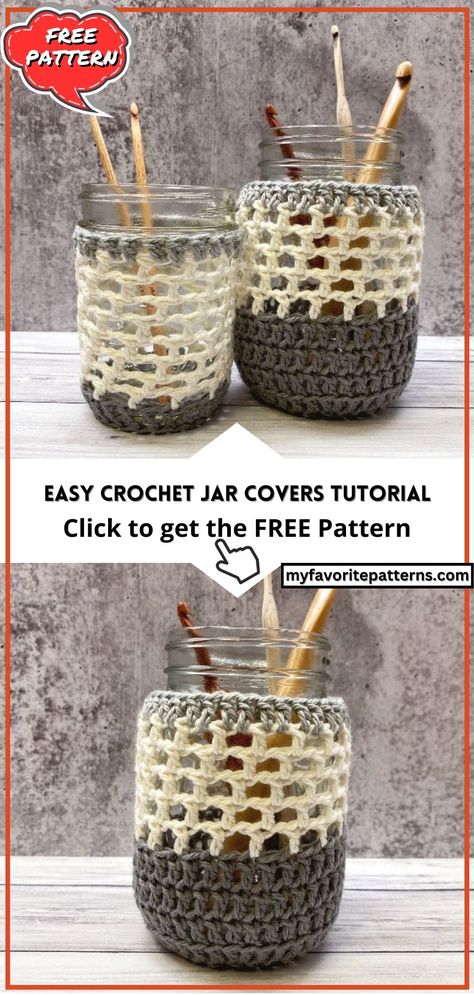 Easy Crochet Jar Covers - Customizable to Any Size Tutorial Crochet Mason Jar Cozy, Crochet Mason Jar Covers Free Pattern, Crocheted Mason Jar Covers Pattern, Mason Jar Crochet Cover, Crochet Glass Jar Cover, Crochet Mason Jar Cozy With Handle, Simple Crochet Stitches, Mason Jar Cozy, Crochet Jar Covers